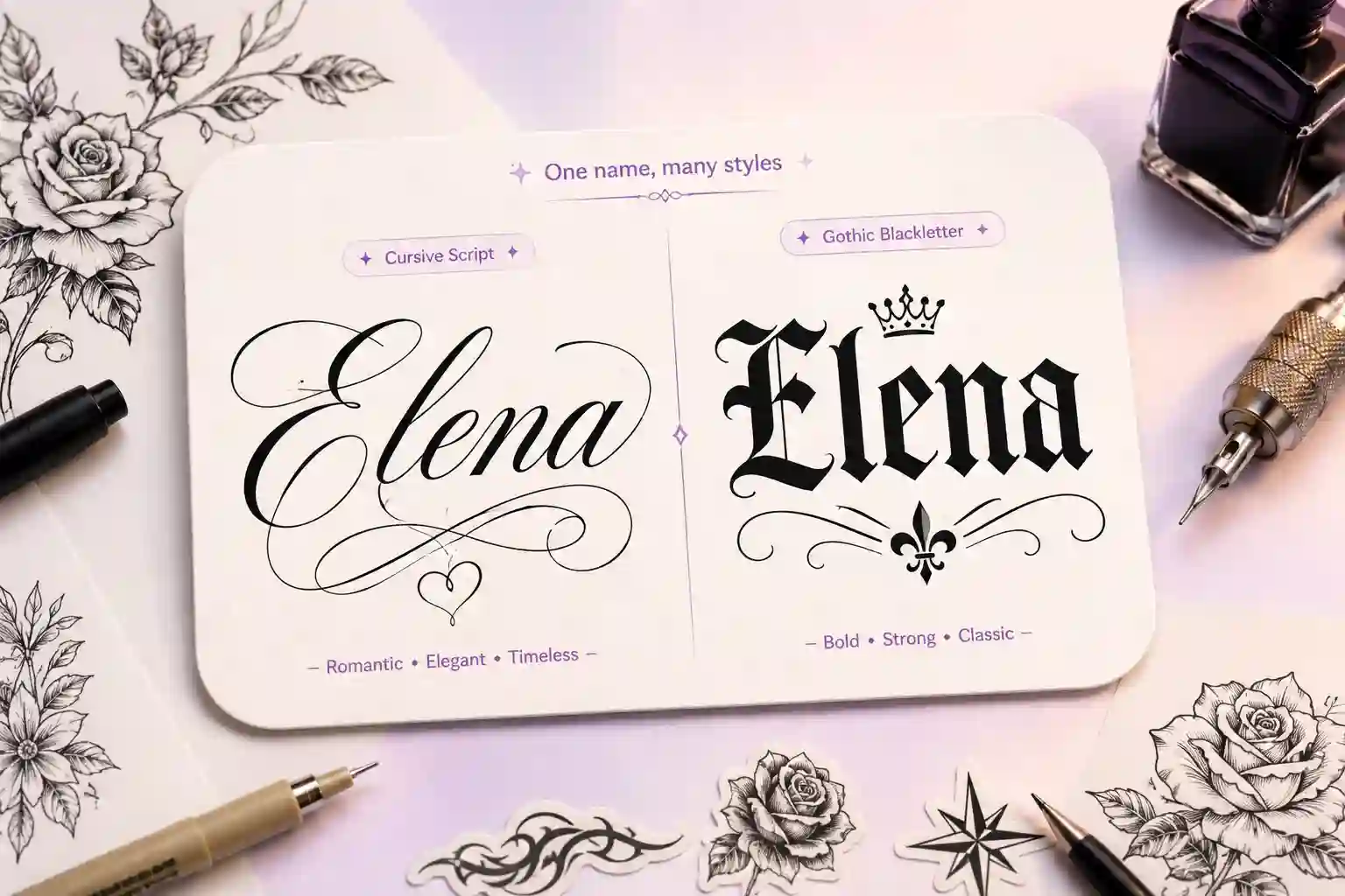 Nomes em letras cursivas e góticas para tatuagem